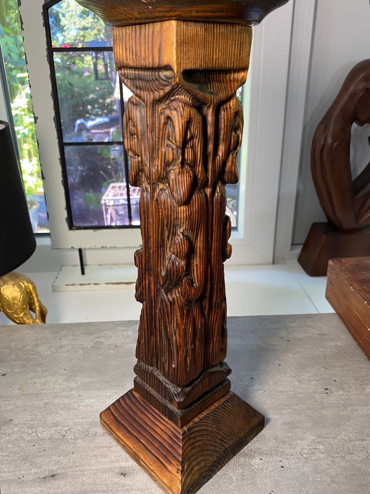 Antieke kandelaar, hout, 4 heiligen monniken, vaste prijs, Ophalen of Verzenden, Zo goed als nieuw, X, Kandelaar