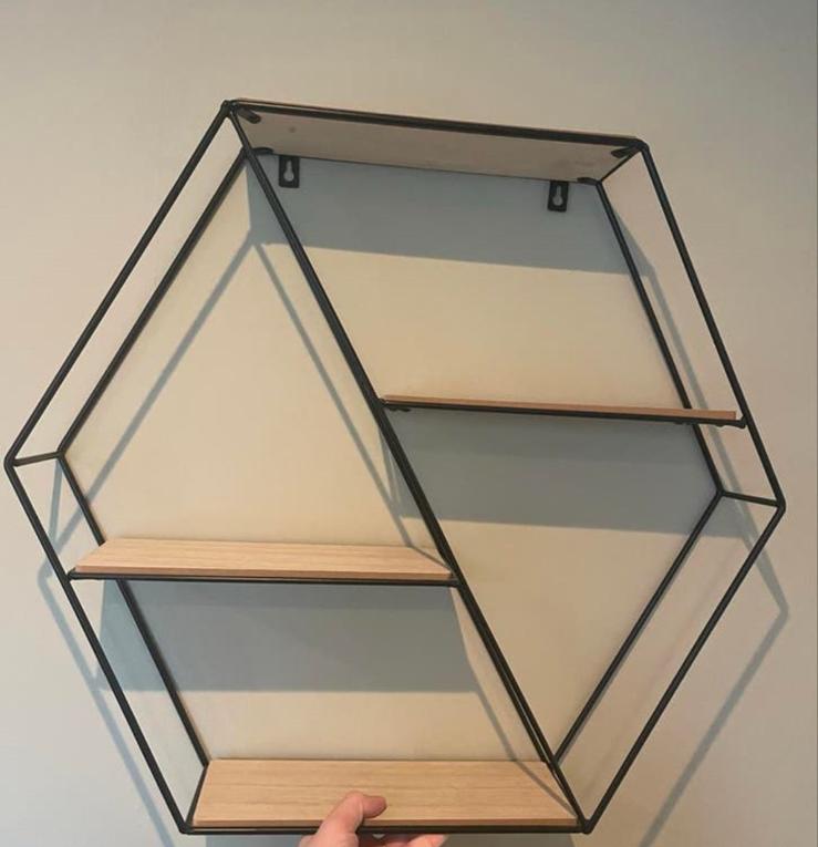 Zeshoekige wandplank metaal/houtlook, Ophalen, Zo goed als nieuw