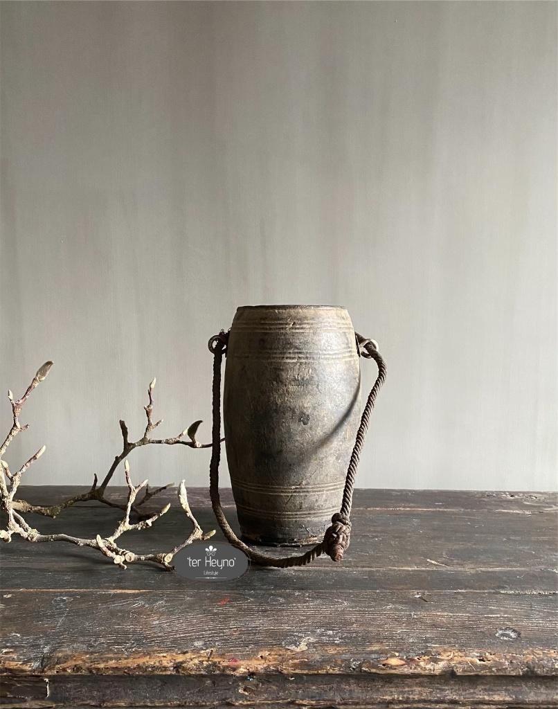 Oud houten Nepalese pot kruik hout stoer sober landelijk, Verzenden, Nieuw, Hout, Landelijk