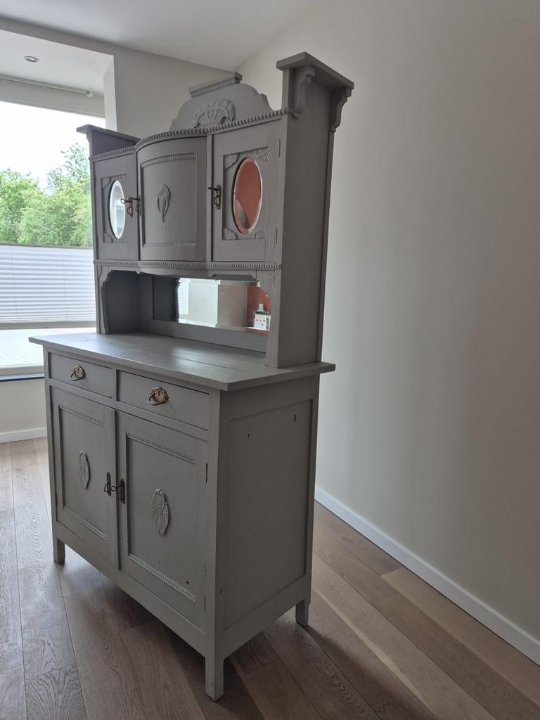 Opgeknapte Brocante Kast - Grijs, Antiek en Kunst, Antiek | Meubels | Kasten, Ophalen