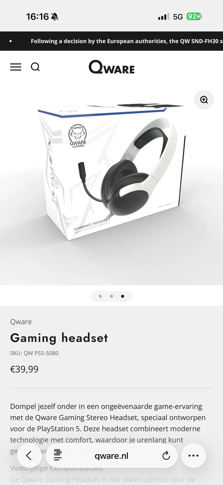 Qware Gaming Headset voor PlayStation 5, Ophalen of Verzenden, Nieuw, Overige controllers, PlayStation 5