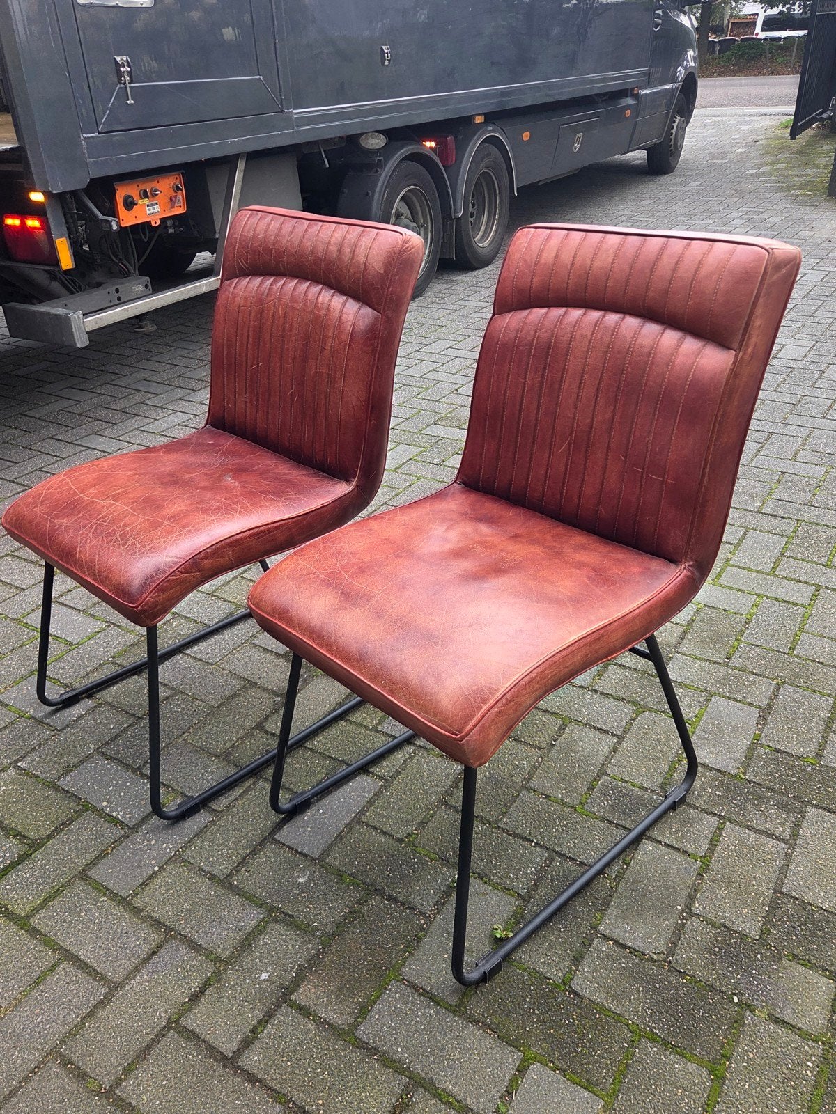 Set van 2 leren eetkamerstoelen - cognac/bruin, Ophalen, Gebruikt, Twee, Bruin