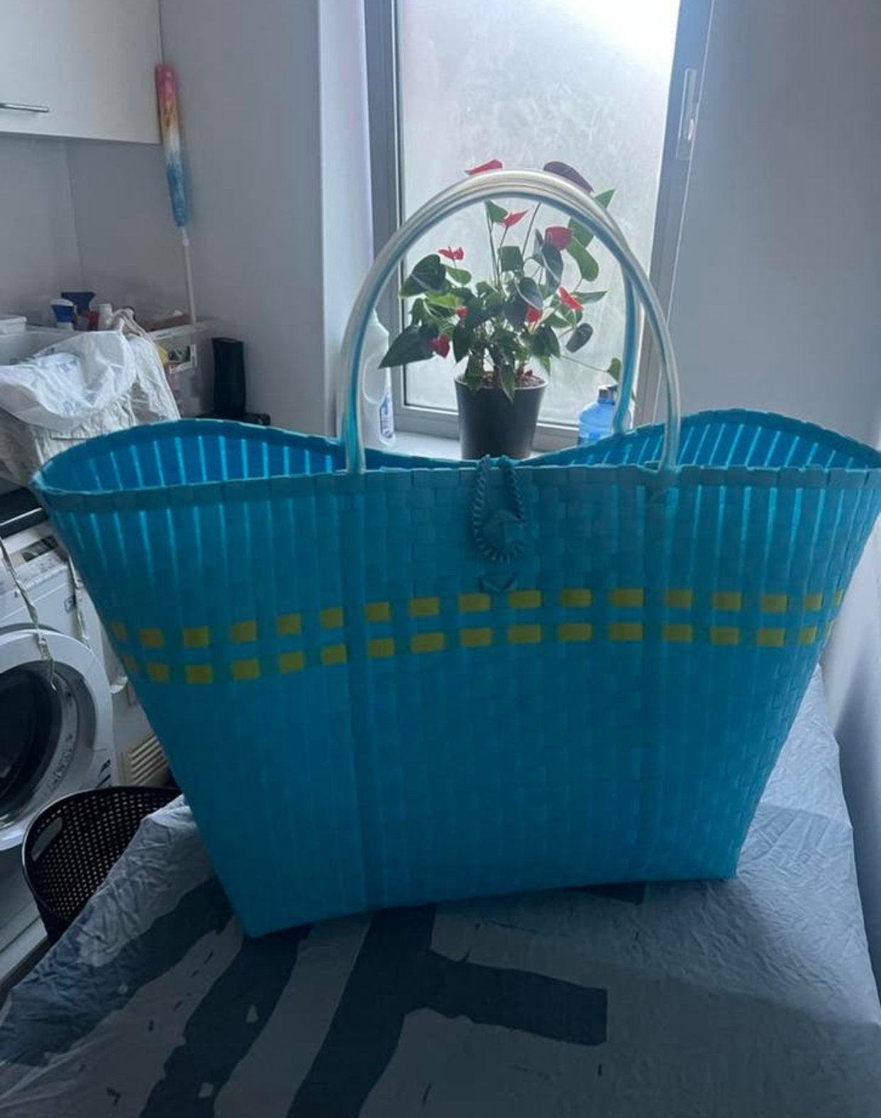 Grote blauwe shopper met gele accenten, Ophalen of Verzenden, Zo goed als nieuw, Blauw, Shopper