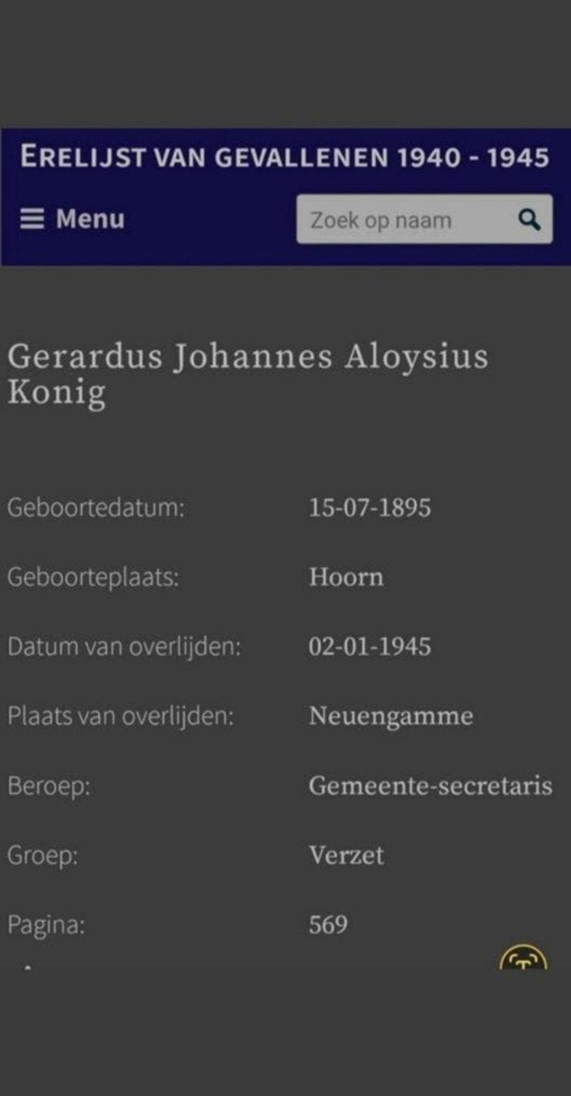 Konig Hoorn- Oss /WW2- Concentratiekamp Neuengamme- WO2 -WW2, Ophalen of Verzenden, Bidprentje
