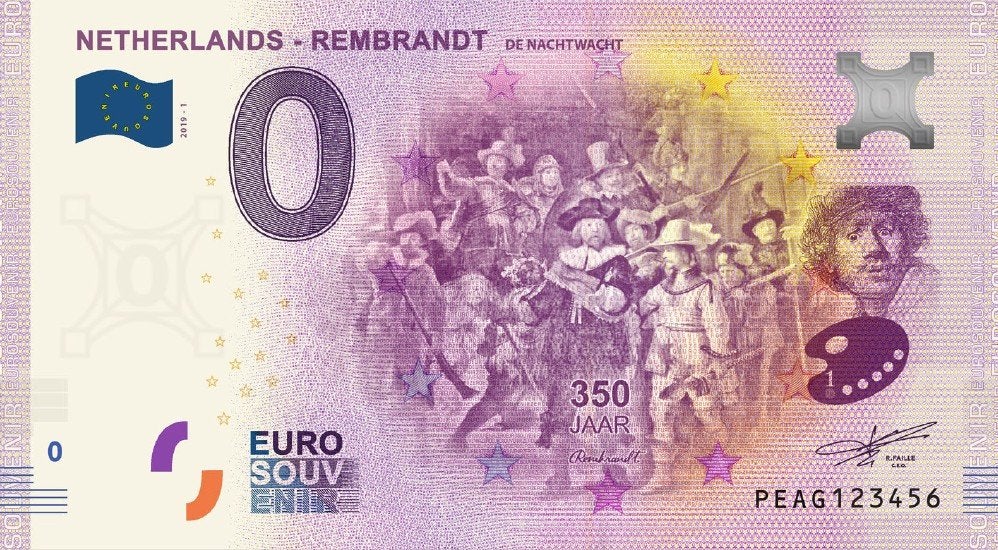 0 Euro Biljet De Nachtwacht Serienummer 000000, Postzegels en Munten, Ophalen of Verzenden, Overige landen, 5 euro