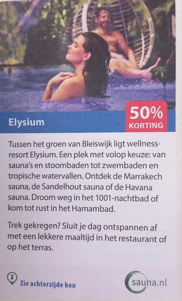 Elysium sauna wellness 50% kortingscode voor max. 4 personen, Tickets en Kaartjes, Recreatie | Pretparken en Attractieparken, Kortingskaart