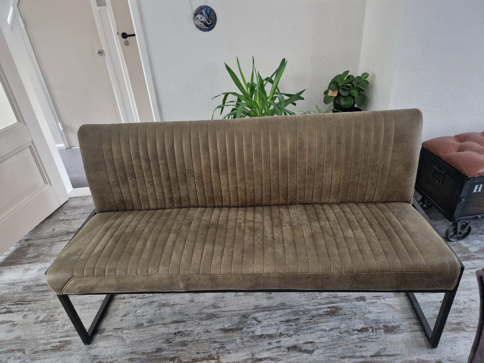 Eetkamerbank groen 150cm met 3 stoelen (grijs/lichtbruin), Ophalen, Overige kleuren, Drie, Zo goed als nieuw
