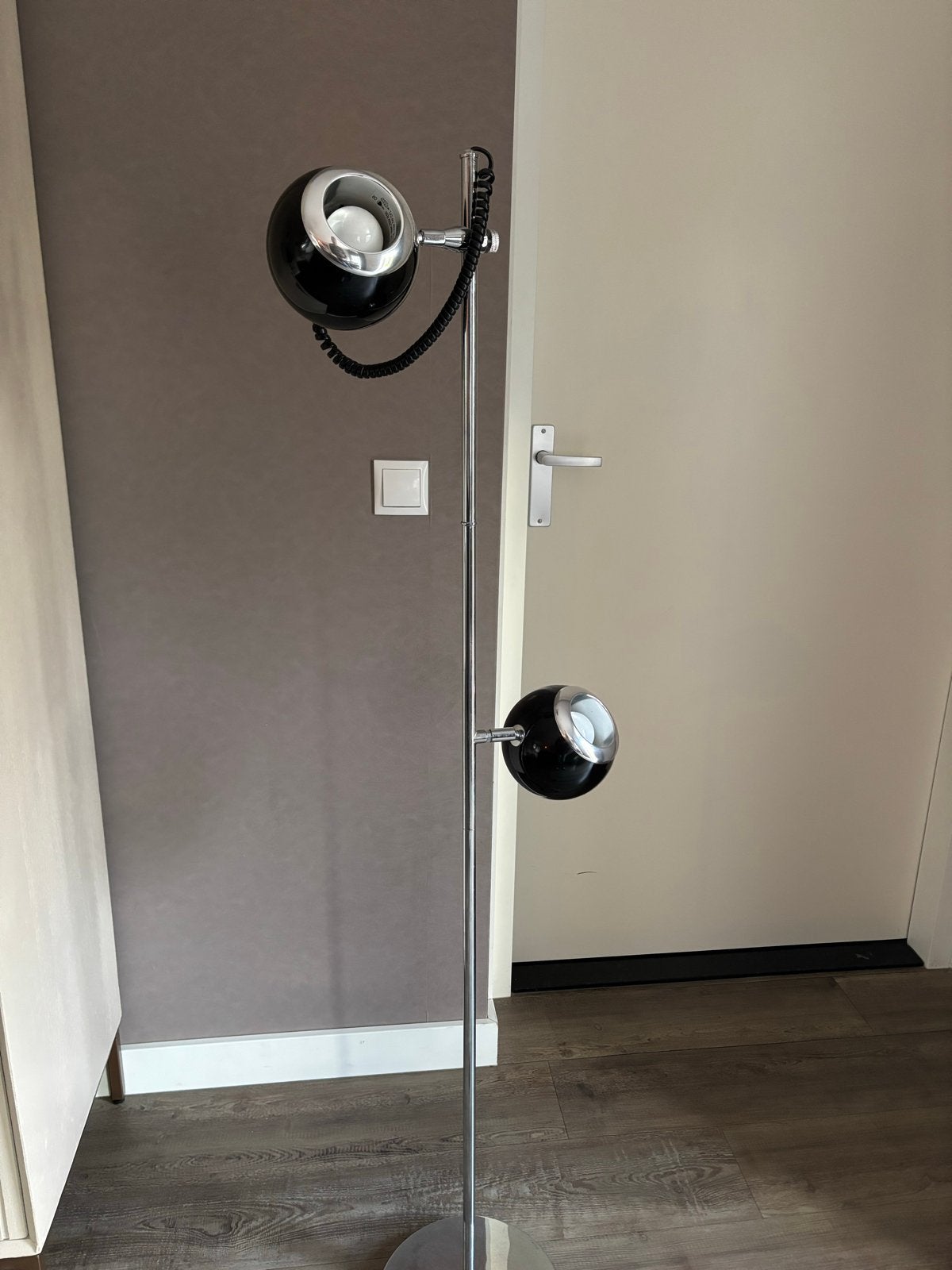 Vintage Vloerlamp met Twee Verstelbare Spots - Chroom/Zwart, Ophalen, Gebruikt, E14 (klein), Metaal