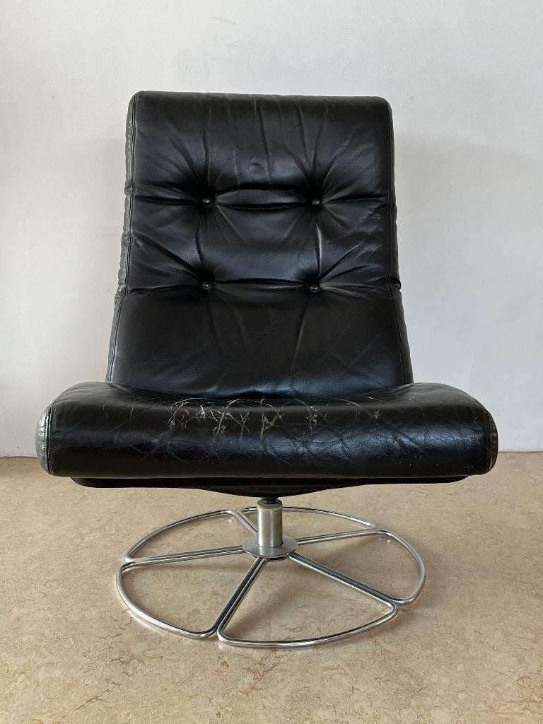 Jan des Bouvrie leren draaistoel, Ophalen, Gebruikt, 75 tot 100 cm, Vintage jaren 70