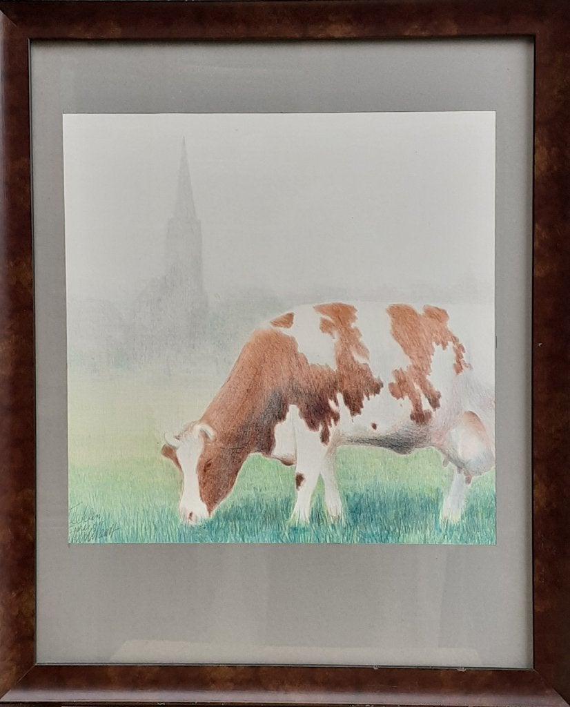 Ingelijste tekening van koe in weiland met kerktoren, Antiek en Kunst, Kunst | Schilderijen | Klassiek, Ophalen