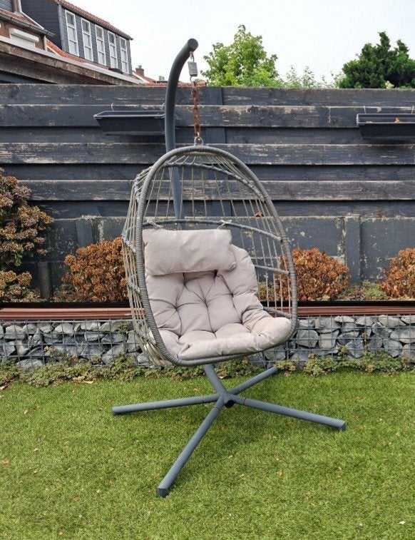 Ei-Hangstoel met standaard en ecru kussenset, Tuin en Terras, Ophalen, Gebruikt, Metaal
