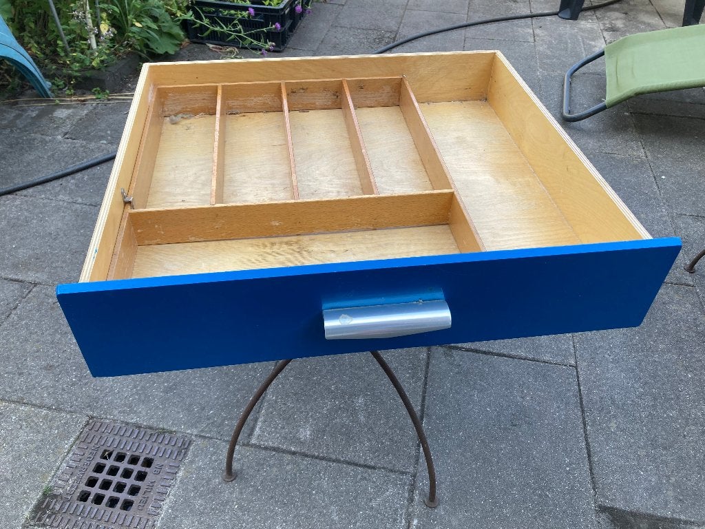 Vintage keukenladen, ijsbak en broodplank, Ophalen, Minder dan 50 cm, Gebruikt, Blauw