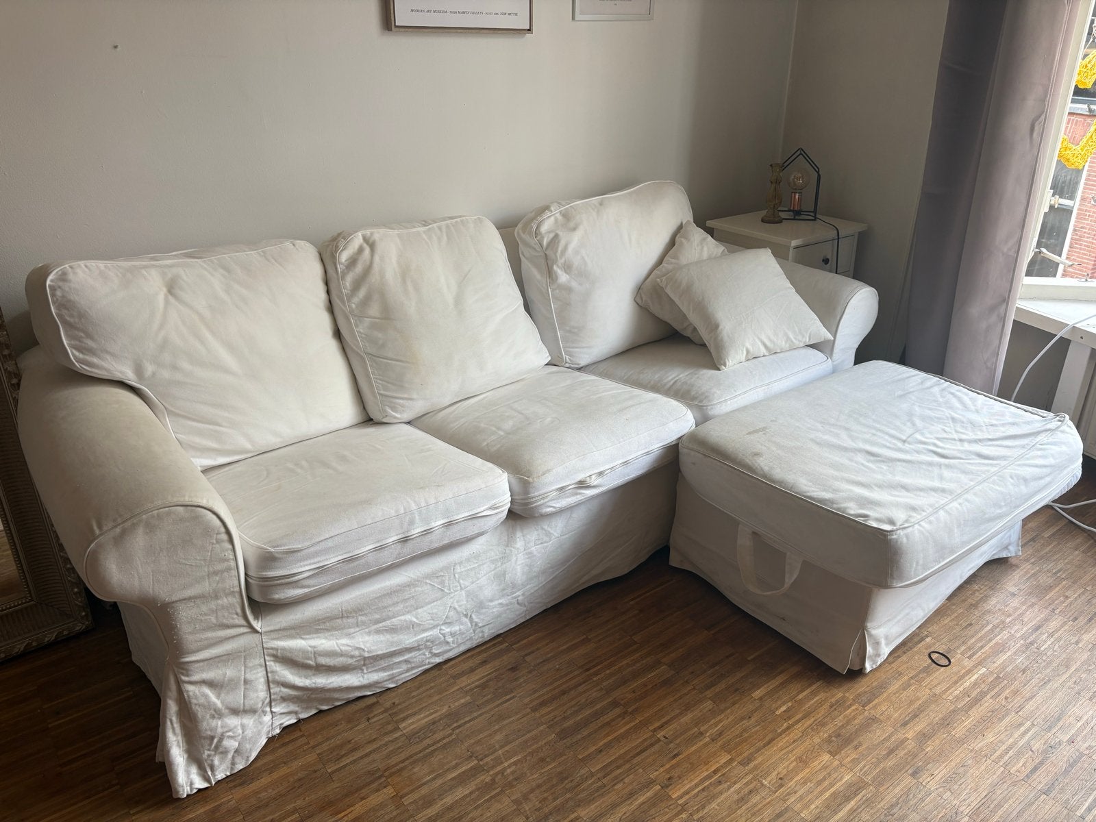 Witte Ikea bank met poef - Comfortabel, Ophalen, Gebruikt, Driepersoons, 75 tot 100 cm