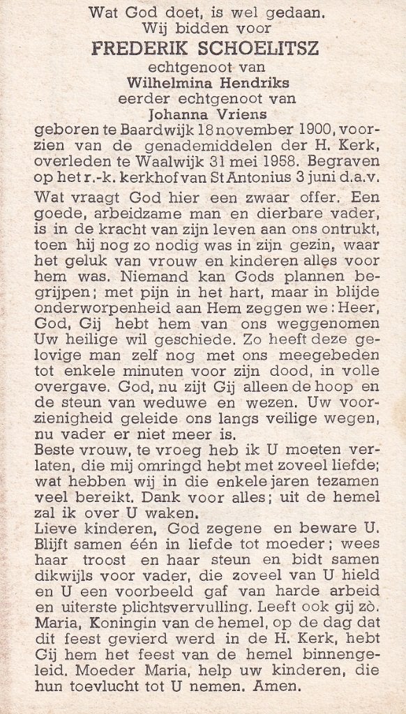 Schoelitsz Frederik 1900 Baardwijk 1958  Waalwijk, Ophalen of Verzenden, Bidprentje