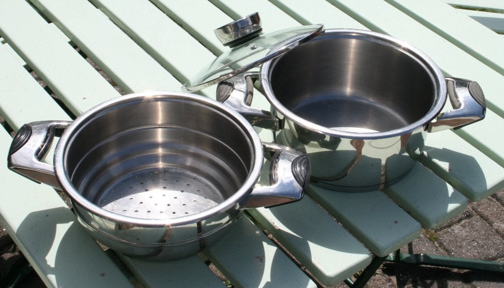 Mooie kookpan met stoominzet, Ophalen of Verzenden, Zo goed als nieuw, Rvs, Kookpan