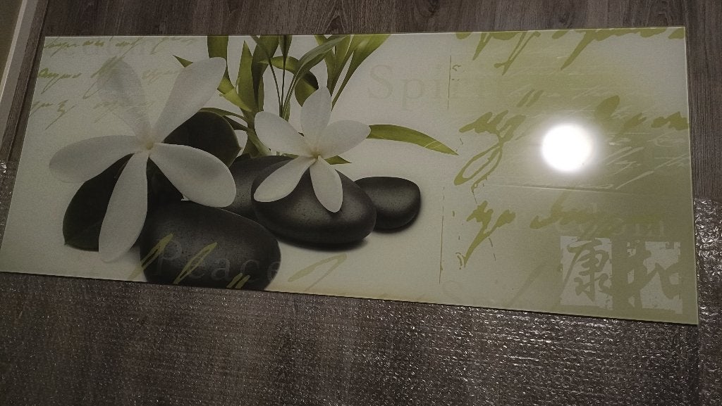 Glasschilderij met stenen en bloemen, Ophalen, 50 – 75, 125 cm of meer, Zo goed als nieuw