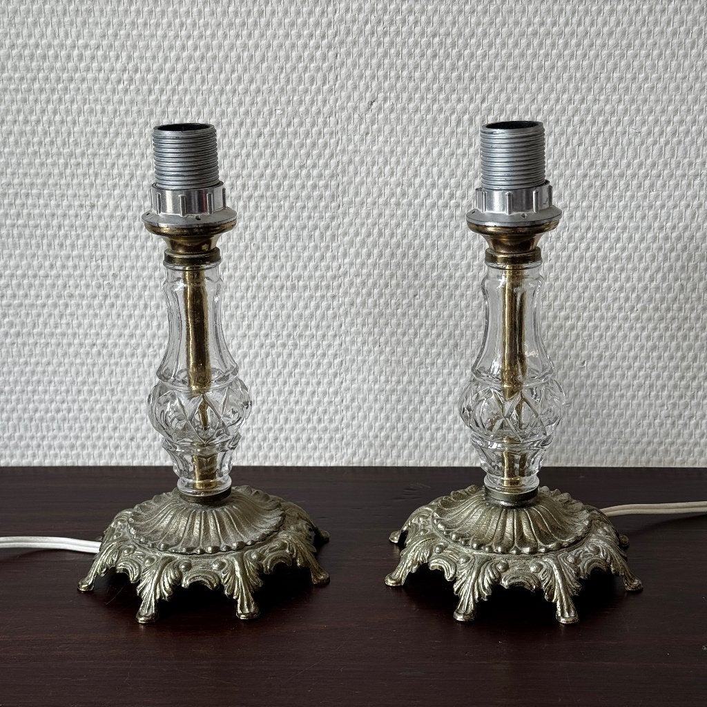Brocante Vintage Glazen en Metalen Tafellampjes, Nachtlampje, Ophalen of Verzenden