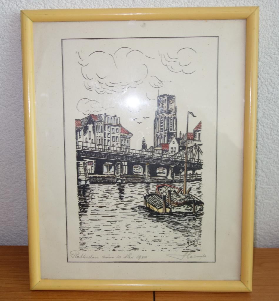 Pentekening uit 1951 van Rotterdam voor 10 mei 1940, Antiek en Kunst, Ophalen of Verzenden