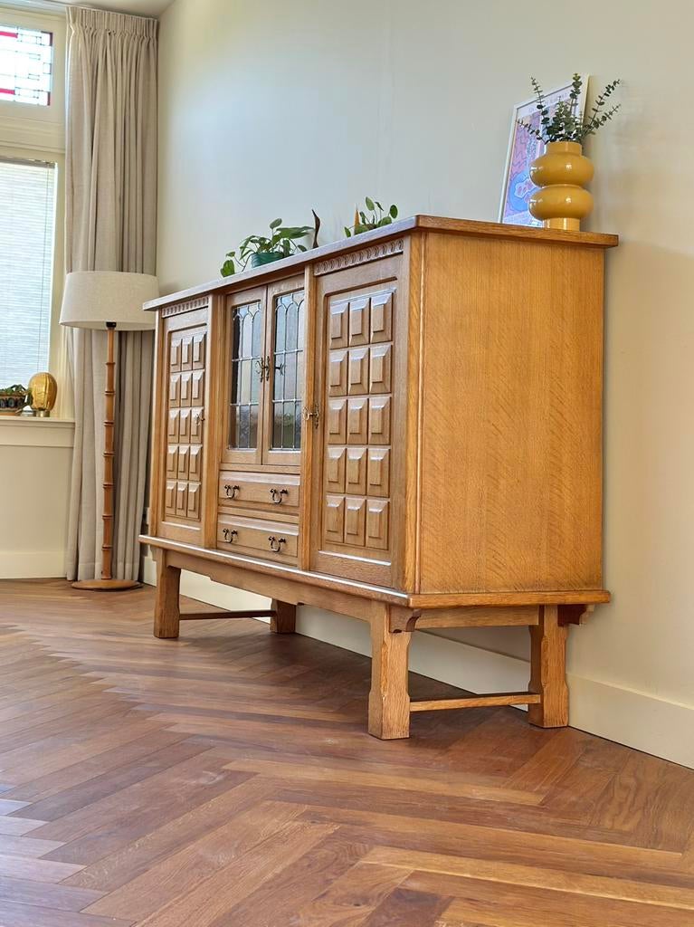 Vintage wandmeubel highboard Deens Henning Kjærnulf jaren 70, Ophalen, Glas, Gebruikt, 100 tot 150 cm