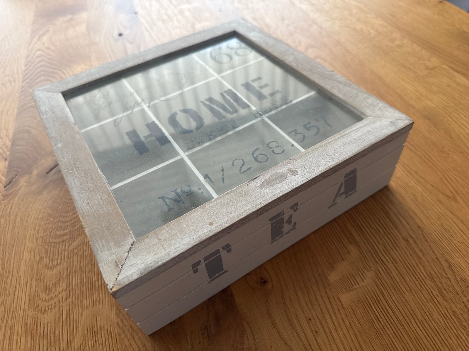 Houten theedoos met 9 vakken en glazen deksel, Ophalen, Hout, Gebruikt, Landelijk