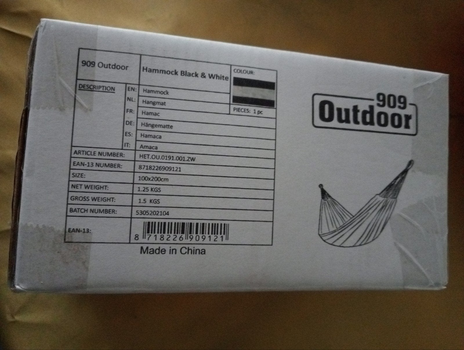 909 Outdoor Hangmat Zwart & Wit - 100x200cm, Ophalen of Verzenden, Nieuw, Eenpersoons, Binnen