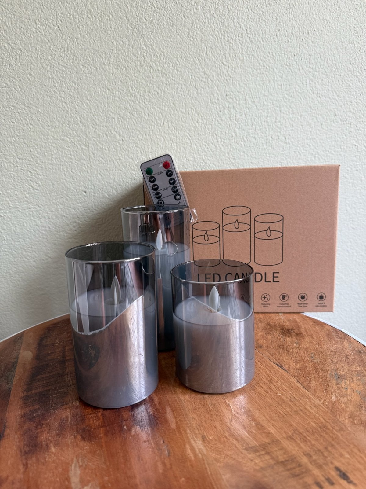 Set van 3 LED kaarsen met afstandsbediening, zilver, Ophalen of Verzenden, Kaars, Zilver, Glas