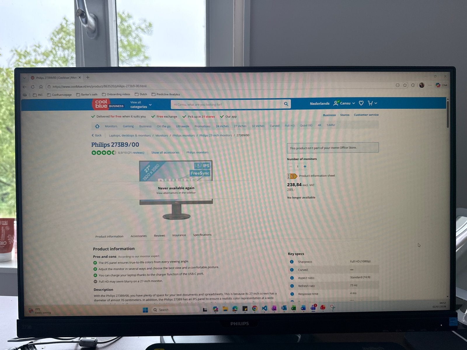 Philips 273B9/00 Full HD Monitor - 27 inch USB-C IPS, Full HD, Ophalen of Verzenden, Zo goed als nieuw, 61 t/m 100 Hz