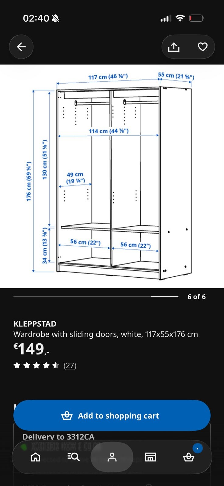 Foto 3 van IKEA KLEP Wardrobe (117x55x176cm)–Great Condition/Half Price