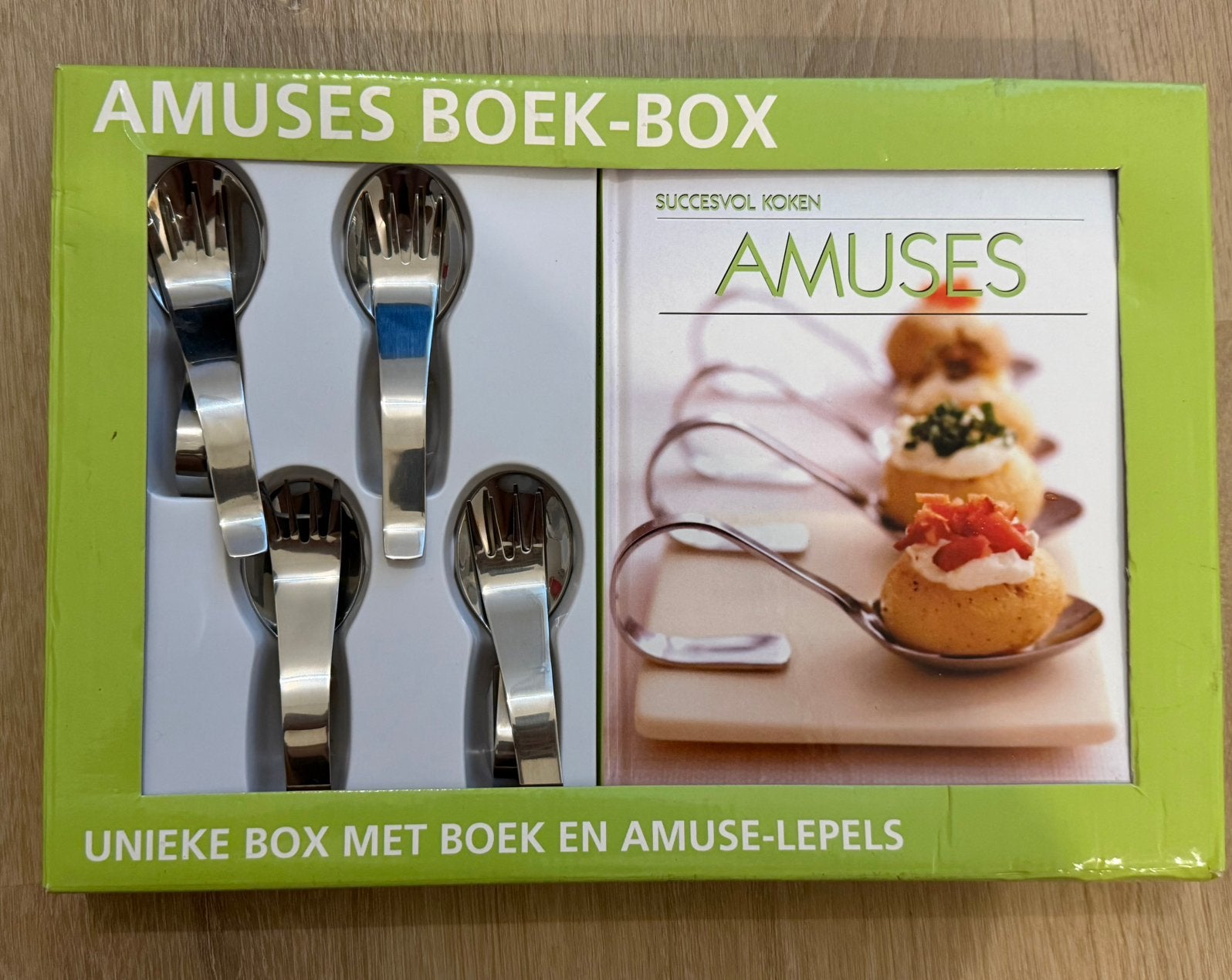 Amuse lepels en vork met boek, Bestekset, Overige typen, Nieuw, Ophalen of Verzenden