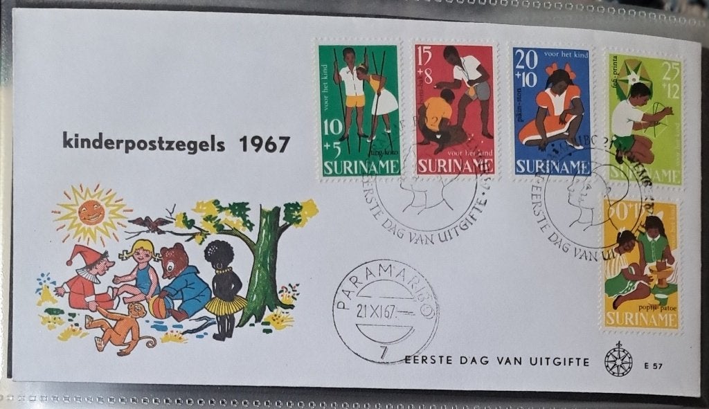Suriname: Kinderzegels envelop 1967, Postzegels en Munten, Postzegels | Eerstedagenveloppen, Ophalen of Verzenden, Onbeschreven