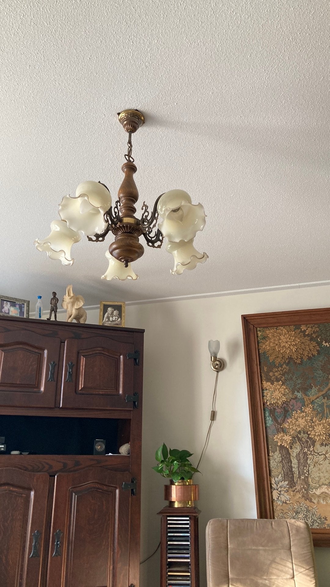 Hanglamp, eiken met koper, gave kapjes, Huis en Inrichting, Lampen | Kroonluchters, Ophalen, Gebruikt