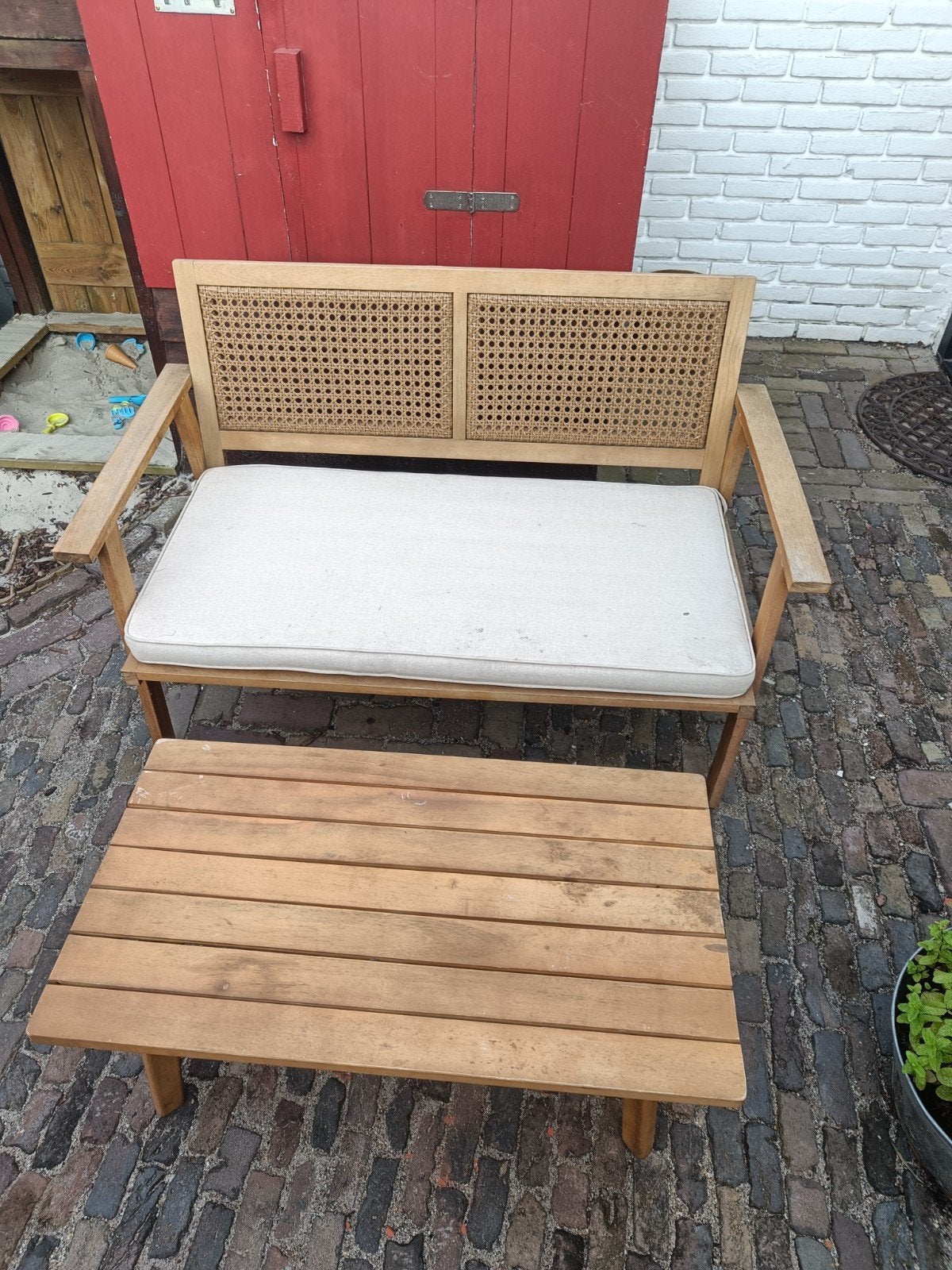 Tuinbank en tafel, mangohout met riet en canvas buitenstof, Tuin en Terras, Tuinsets en Loungesets, Gebruikt, Bank, Tuinset, Hout