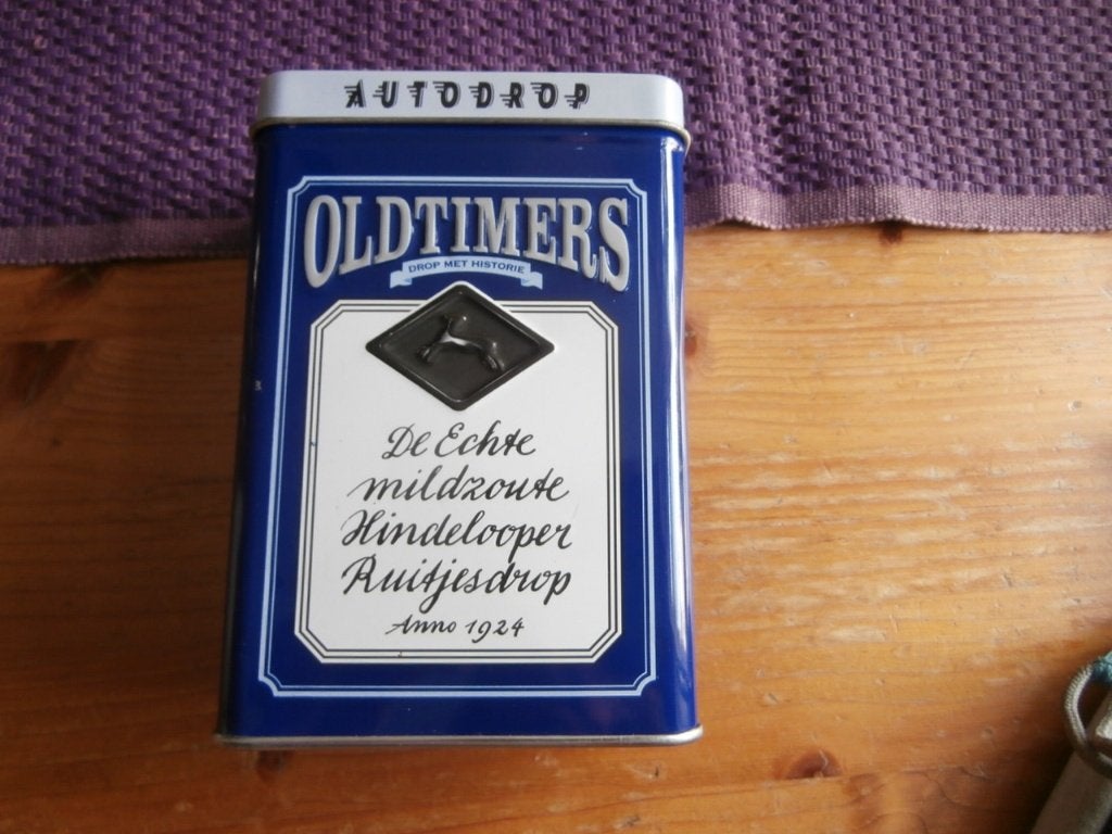 blik drop Oldtimer blauw dropblik Hindelooper Ruitjesdrop, Verzamelen, Ophalen of Verzenden, Gebruikt, Overige, Overige merken