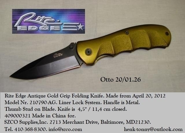 T.k.a. Rite Edge Antique Gold Grip Pocket Knife., Ophalen of Verzenden, Overige soorten, Nederland, Mes of Dolk