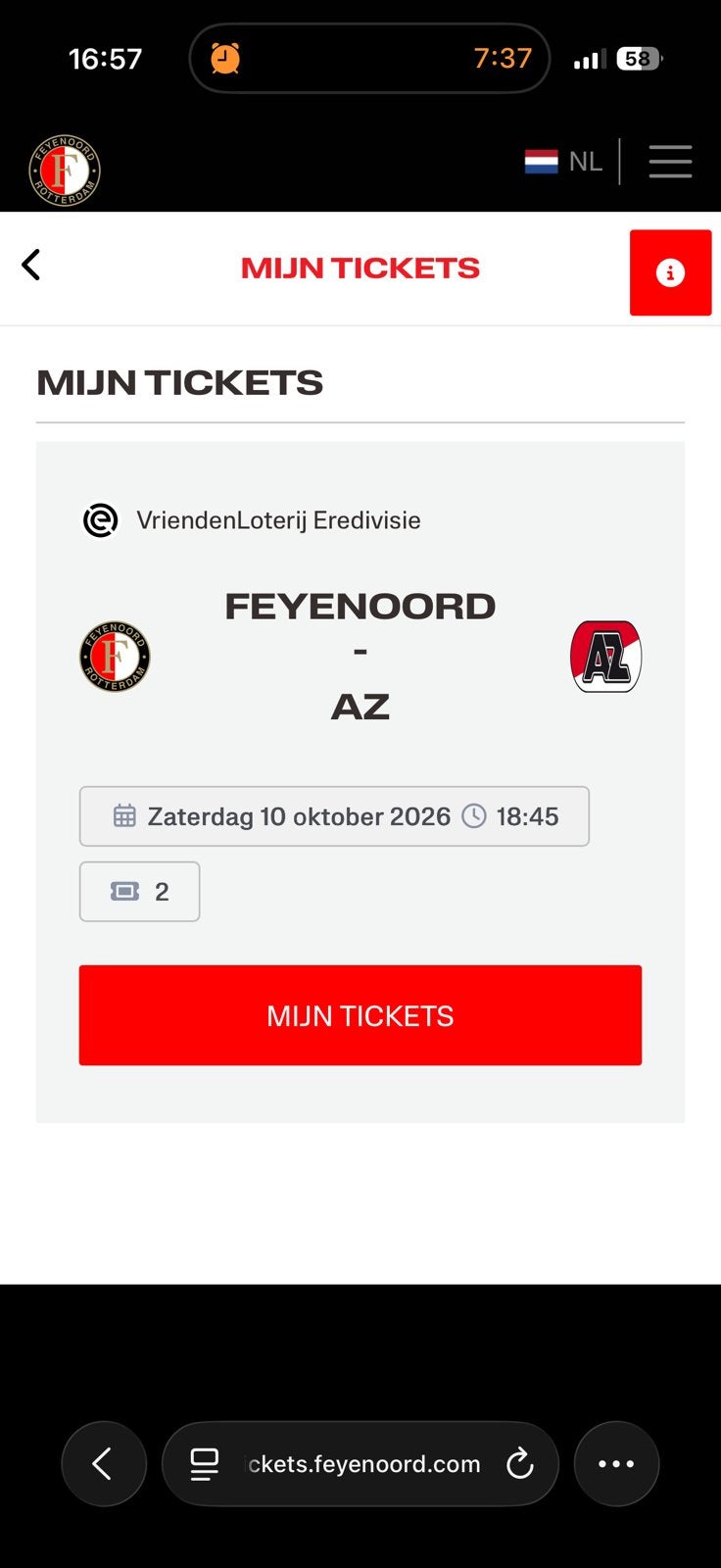 Feyenoord-AZ 2 tickets, Twee personen, Februari