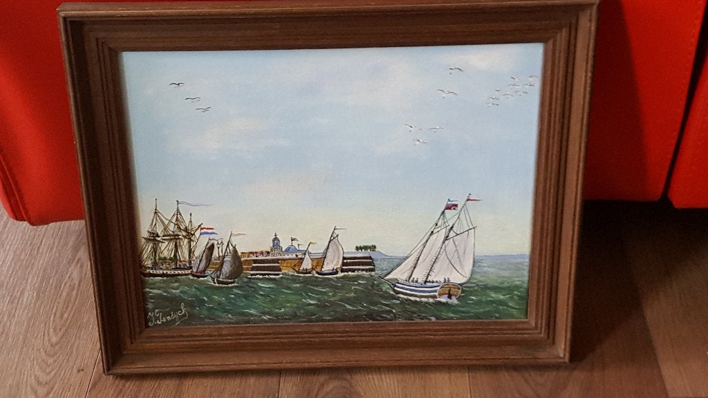 schilderij zeezicht boten, Antiek en Kunst, Kunst | Schilderijen | Klassiek, Ophalen