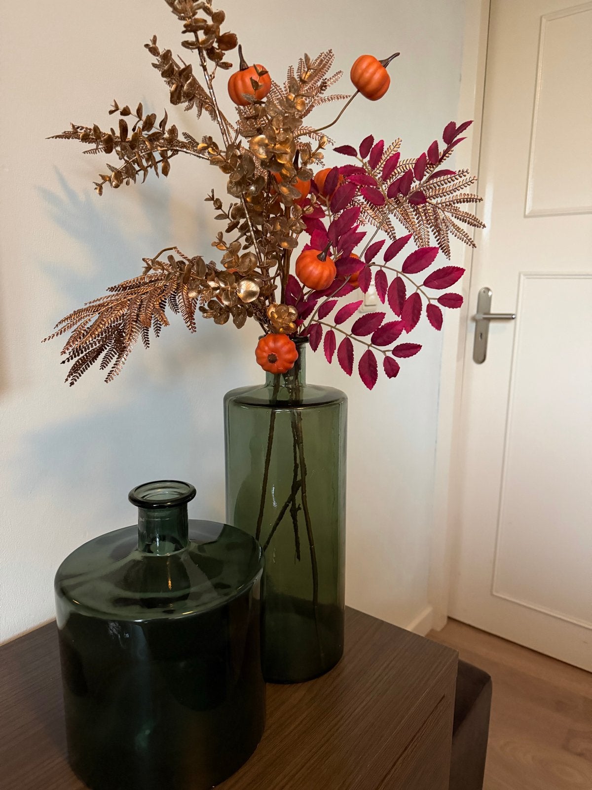 Set van 2 glazen decoratie flessen, Ophalen, Gebruikt, Groen, Glas