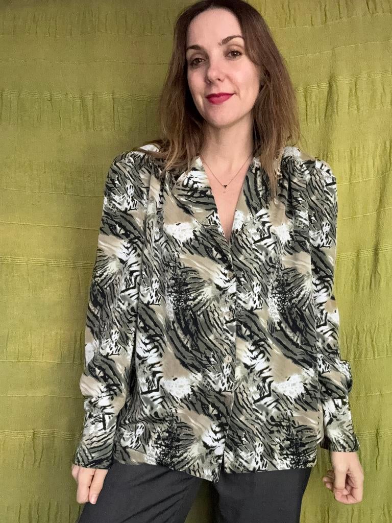 Vintage blouse - print - panterprint - groen - 40/L/large, Maat 38/40 (M), Hgv, Hgv, Ophalen of Verzenden