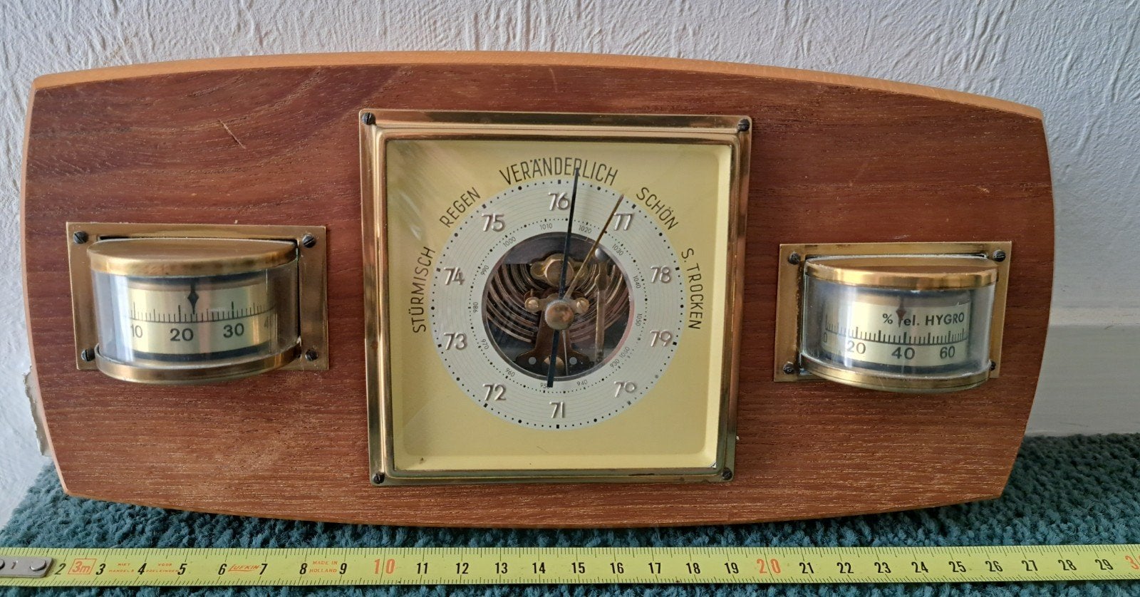 Vintage weerstation met barometer, thermometer en hygrometer, Audio, Tv en Foto, Weerstations en Barometers, Ophalen of Verzenden