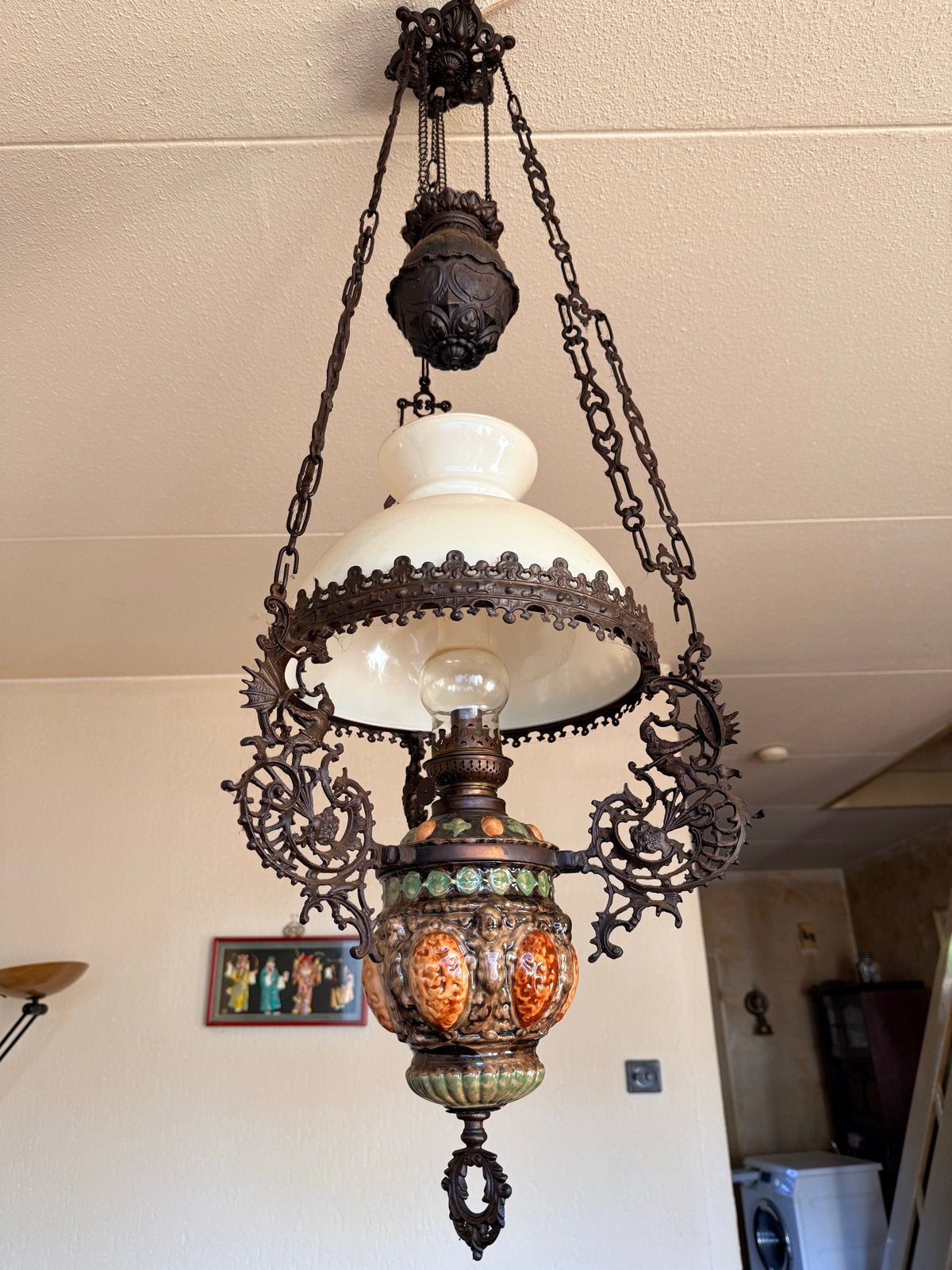 antieke Jugendstil/Art-Nouveau petroleum-hanglamp,, Ophalen of Verzenden