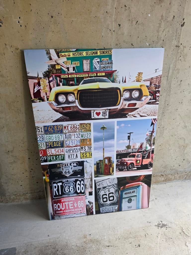 Route 66 Canvas Schilderij - Vintage Auto & Borden, Ophalen, Zo goed als nieuw, Schilderij, 75 cm of meer