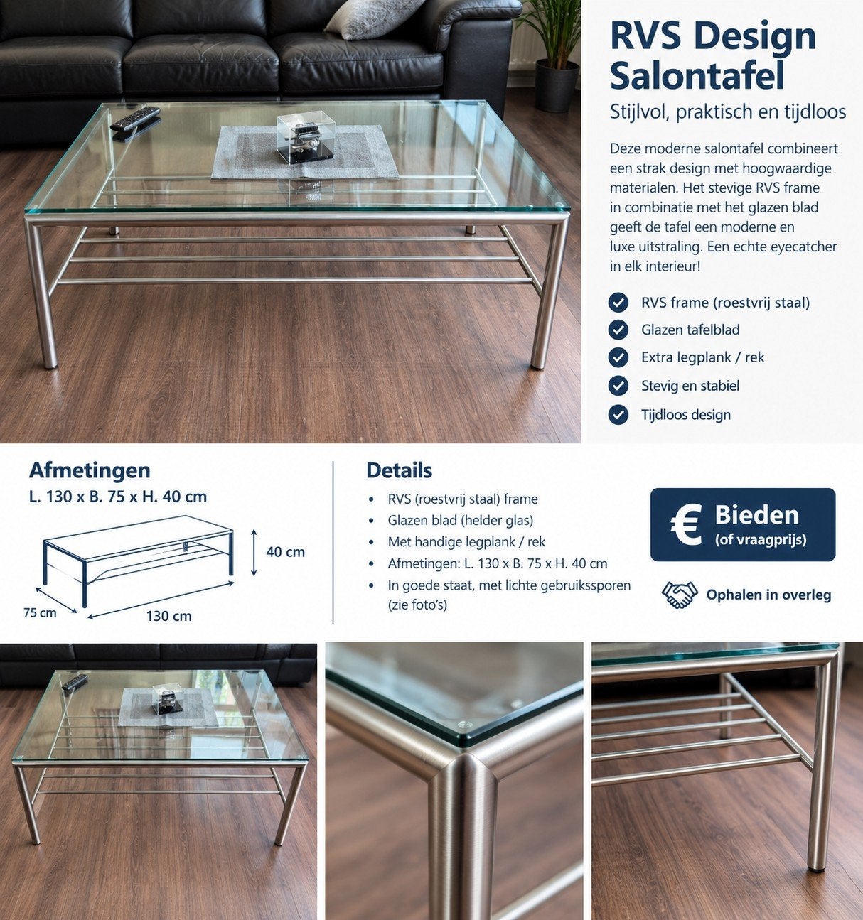 RVS design salontafel met glazen blad – 130 x 75 cm, Ophalen, Gebruikt, 100 tot 150 cm, Design