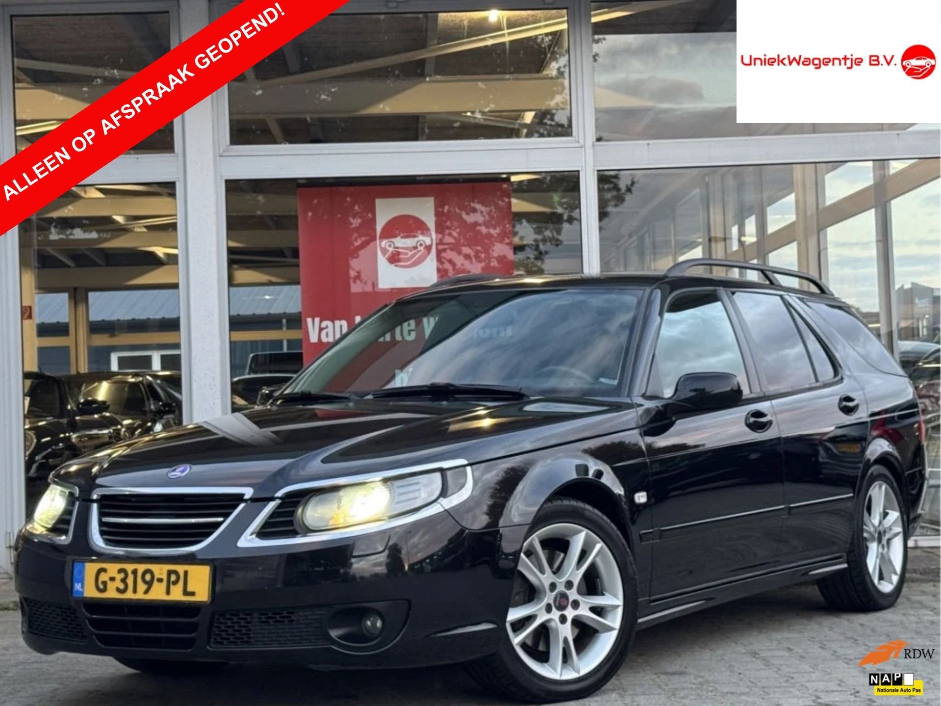 Saab 9-5 Estate 2.3 TURBO AERO LPG | LEDER! | TREKHAAK!, Auto's, Zwart, 4 cilinders, 2290 cc, Zwart