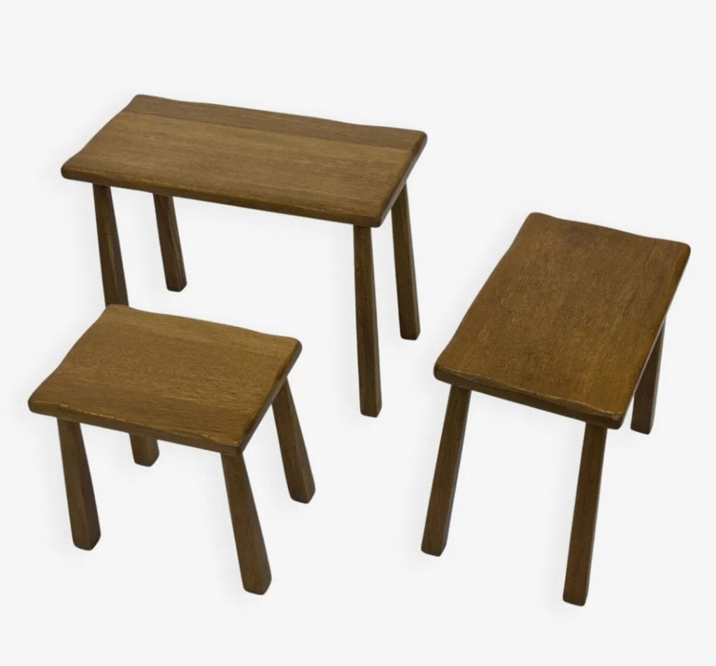 Vintage set van 3 eikenhouten bijzettafels  jaren 70., Minder dan 55 cm, Gebruikt, Vintage, Rechthoekig