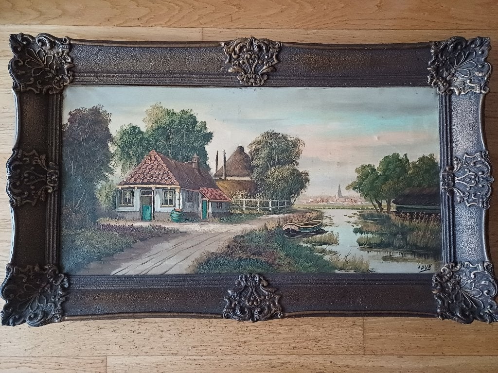 Antiek schilderij van boerderij & mooie lijst - van Dijk, Ophalen