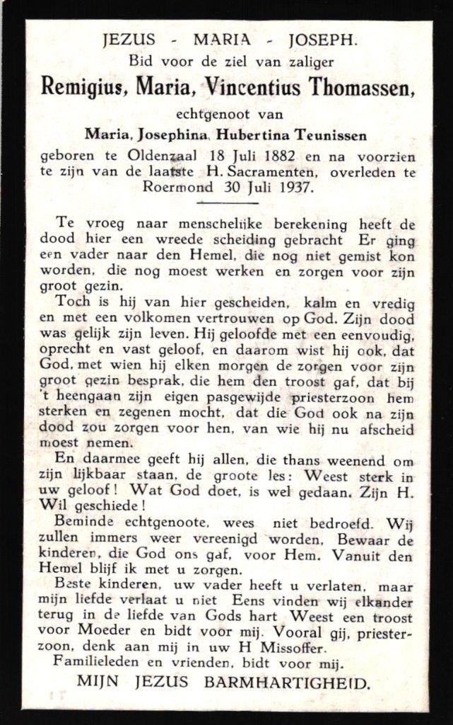 Thomassen Remigius M.V. Oldenzaal 1882-1937 Roermond, Ophalen of Verzenden