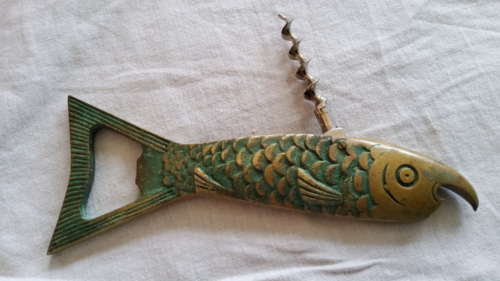 Antiek Messing flesopener kurkentrekker Koi Vismotief German, Ophalen of Verzenden
