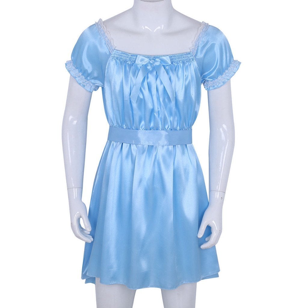 Blauwe heren sissy satijnen nachtjapon, Verzenden, Blauw, Nachtkleding