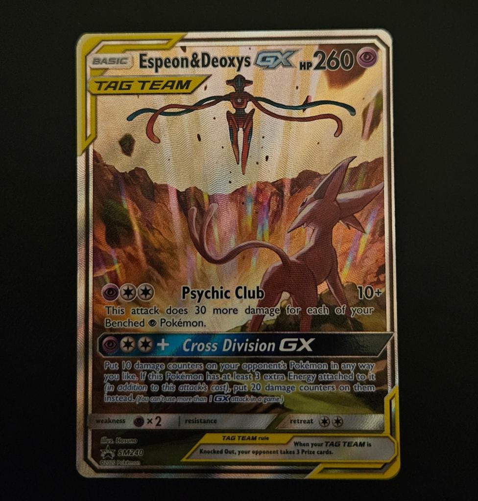 Espeon & Deoxys GX - Promo SM240, Ophalen, Zo goed als nieuw, Losse kaart, Foil