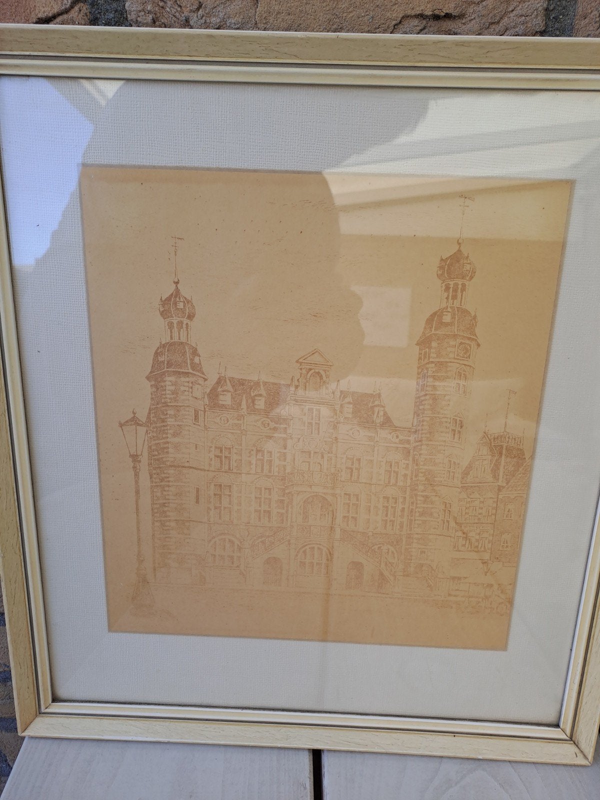 Oude ets van een historisch gebouw, ingelijst, Ophalen, Ingelijst, 55 cm, Architectuur